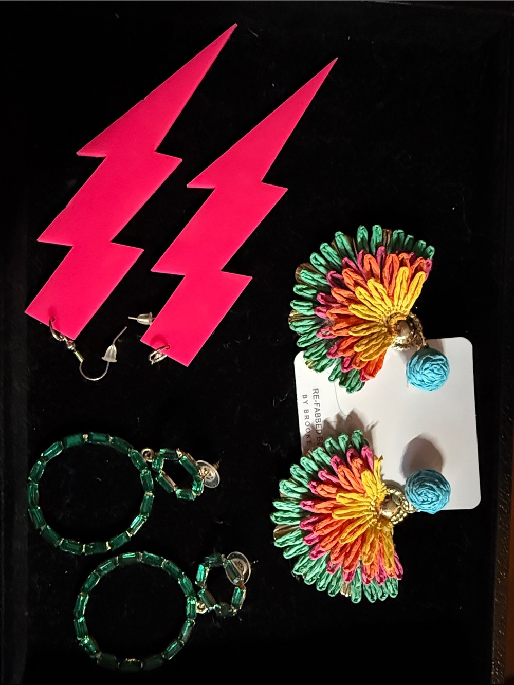 Colorful Statement Earrings Set - Pink Lightning, Green Hoops, Multicolor Tassel